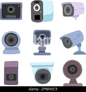 Überwachungskamera-Zeichentrickfilm. videoüberwachung, Sicherheitssystem, Steuerungstechnik, Überwachungskamera-Schild. Illustration des isolierten Symbolvektors Stock Vektor