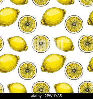 Nahtloses Zitronenmuster. Farbenfrohe handgezeichnete Vektordarstellung im Skizzenstil. Tropische exotische Zitrusfrüchte im Sommer Stock Vektor