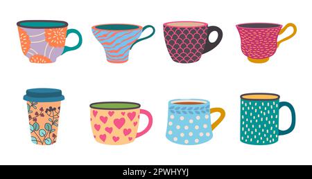 Verschiedene Tassen. Teetasse, skandinavische Küche Kaffeetasse. Vektorbecher oder Tasse für Tee, Cartoon skandinavische Keramik für Getränke Illustration Stock Vektor