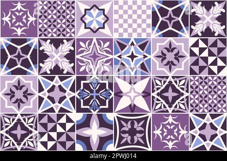 Französisches Fliesendesign im Provence-Stil. Lavendelfarben. Mediterrane Keramikfliesen mit verschiedenen Ornamenten. Nahtloses Muster. Stock Vektor