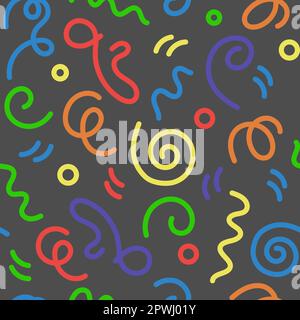 Doodle das nahtlose Muster im 90s-Stil auf dunklem Hintergrund mit mehrfarbigen Kinderspielern. Retro-Darstellung eines flachen Vektors Stock Vektor