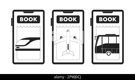 Buchung von Bus-, Zug-, Flugtickets App monochrome Konzept Vektor-Spot-Zeichnungsset Stock Vektor