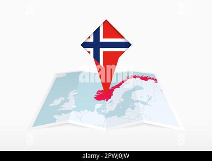 Norwegen wird auf einer gefalteten Papierkarte und einer fixierten Positionsmarkierung mit norwegischer Flagge dargestellt. Gefaltete Vektorkarte. Stock Vektor