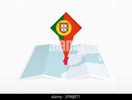 Portugal ist auf einer gefalteten Papierkarte und einer angehefteten Positionsmarkierung mit der Flagge Portugals abgebildet. Gefaltete Vektorkarte. Stock Vektor