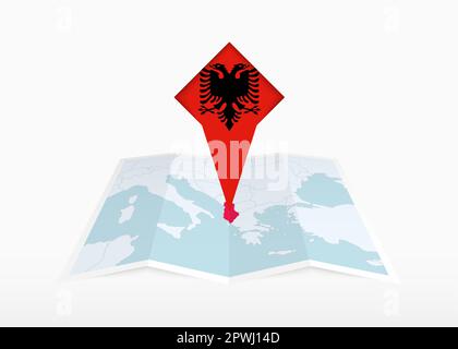 Albanien ist auf einer gefalteten Papierkarte und einer fixierten Positionsmarkierung mit der Flagge Albaniens abgebildet. Gefaltete Vektorkarte. Stock Vektor
