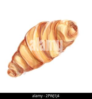 Von Hand gezogenes Croissant in Aquarellfarben, isoliert auf weißem Hintergrund. Essen Illustration des traditionellen französischen Frühstücks für Design. Stockfoto