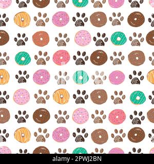 Bunte köstliche Donuts und Kritzelpfotenabdrücke Stock Vektor