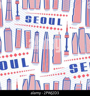 Vector Seoul Nahtloses Muster, quadratischer, sich wiederholender Hintergrund mit Illustration der berühmten Stadt seoul auf weißem Hintergrund für Geschenkpapier, Dekor Stock Vektor