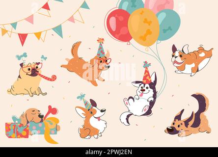 Hundegeburtstagsparty. Welpen verschiedener Rassen auf der Party, labrador, Corgi, Shepherd, Pug, amerikanische Bulldogge, Retriever. Die Hunde tragen Hütchen, Sonnenbrille. Cartoon-Set für Design-Fest. Vektor Stock Vektor