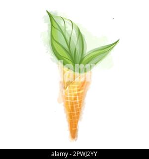 Wasserfarben Eiscreme Horn mit Blättern. Handgezeichnete Blumenzeichnung auf weißem Hintergrund. Stockfoto