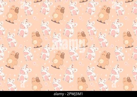 Süßes, nahtloses Muster. Süßer Teddybär, Einhorn und rosa Herzen. Kawaii-Vektorhintergrund für Druck, Verpackung Stock Vektor