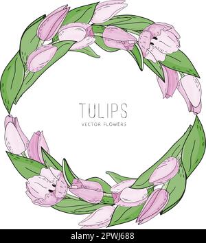 Handgezeichneter Vektorrahmen mit rosafarbenen Blumen, Tulpen, Zweig und Blättern. Elegante Logo-Vorlage. Stock Vektor
