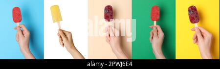 Collage mit Fotos einer Frau mit leckeren Fruchteis auf verschiedenfarbigen Hintergründen. Bannerdesign Stockfoto