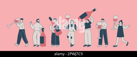 Set mit niedlichen Figuren mit riesigen Weingläsern und Flaschen. Männer und Frauen haben Spaß auf einer Party oder bei einer Weinprobe. Vektorisolierte Illustrationen für die Stock Vektor