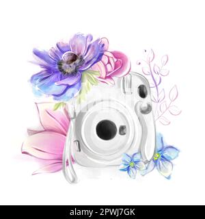 Wasserfarbene Sofortkamera mit Frühlingsblumen. Vergiss mich, Magnolien, Anemonen. Klimpern Sie über das Thema Reisen, Momente, Romantik. Stockfoto