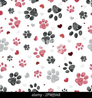 Nahtlose schwarze und rote Pfotendrucke mit Herzmuster Stock Vektor