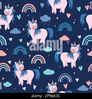 Süßes Einhorn mit Wolken und Regenbogen auf dunklem Hintergrund Stock Vektor