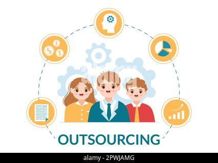 Outsourcing von Geschäften mit Ideen für Teamwork, Unternehmensentwicklung, Investitionen und Projektdelegierung in flachen, handgezeichneten Vorlagen Illustration Stockfoto