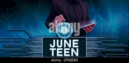 Schild mit June Teen, Internetkonzept gesetzlicher Feiertag in den Vereinigten Staaten vom Ende der Sklaverei in den USA Stockfoto