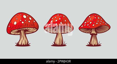 Handgezeichneter Vektor-Pilz Mit Isoliertem Symbolsatz „Umriss“. Amanita Muscaria, Fly Agaric Scetch, Doodle, Linear Sign Collection. Magisches Pilzsymbol Stock Vektor