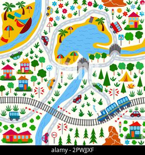 Detaillierte Kinderkarte der Stadt. Autos, Busse und Züge, Häuser und Straßen, Fluss, Wald und Stadt nahtlose kindliche Muster. Stock Vektor