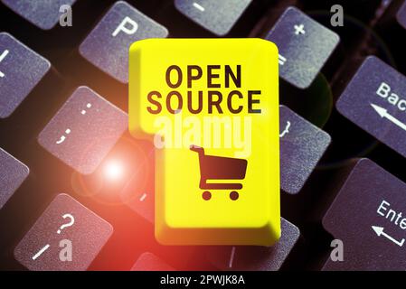 Textunterschrift mit Open Source, Word, das auf Software geschrieben ist, deren ursprünglicher Quellcode frei verfügbar ist Stockfoto