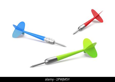 Drei Pfeile mit verschiedenen Farben auf weißem Hintergrund Stockfoto