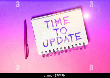 Inspiration zeigt die Zeit bis zur Aktualisierung des Schilds, Geschäftskonzept die neuesten Informationen über eine bestimmte Situation Stockfoto