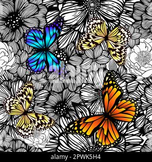 Nahtloses Muster von Blumen aus Linien mit bunten Schmetterlingen. Vektordarstellung. Linienkunst Stock Vektor