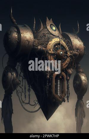 Steampunk Art of a Large Robot Standing in a Post apokalyptic Background (Steampunk-Kunst eines großen Roboters im postapokalyptischen Hintergrund) Stockfoto