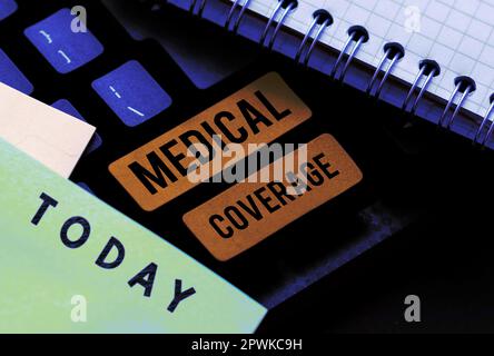 Inspiration mit Zeichen Medical Coverage, Wort für Aufnahme in den Geltungsbereich einer Versicherungspolice oder medizinischen Schutzplan Stockfoto