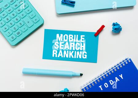 Konzeptionelle Überschrift Ranking der mobilen Suche, auf der Website oder Seite geschriebenes Wort wird innerhalb der Suchmaschinenergebnisse eingestuft Stockfoto