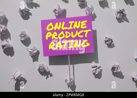 Schreiben von Text Online Product Rating, Word für Feedback zum elektronischen Handel und zu Online-Produkten Stockfoto