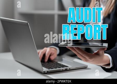 Text mit dem Inspiration Audit Report, Word für eine Beurteilung des vollständigen Finanzstatus eines Unternehmensvermögens Stockfoto