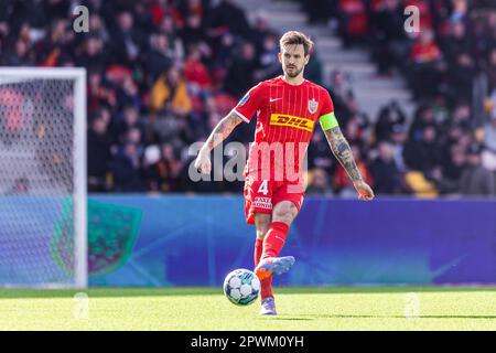 Farum, Dänemark. 30. April 2023. Kian Hansen (4) vom FC Nordsjaelland, gesehen während des 3F. Superliga-Spiels zwischen FC Nordsjaelland und Aarhus GF rechts vom Dream Park in Farum. (Foto: Gonzales Photo/Alamy Live News Stockfoto