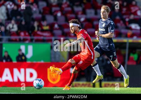 Farum, Dänemark. 30. April 2023. Emiliano Marcondes (8) des FC Nordsjaelland während des Superliga-Spiels 3F zwischen dem FC Nordsjaelland und Aarhus GF rechts vom Dream Park in Farum. (Foto: Gonzales Photo/Alamy Live News Stockfoto