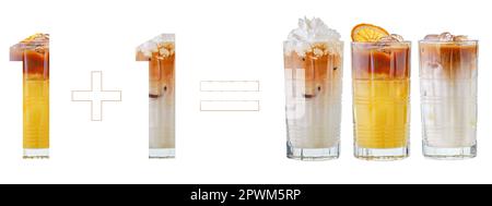 Konzept des Rabatts oder Bonus für Getränke. Zwei kaufen und drei bekommen. Erfrischende kalte Getränke mit Kaffee. Stockfoto
