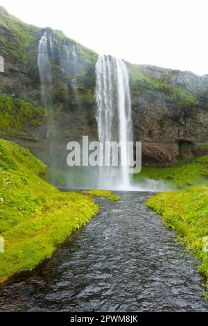 Seljalandsfoss fällt im Sommer Aussicht, Island. Isländische Landschaft. Stockfoto