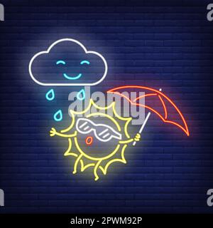 Cartoon Sun mit Regenschirm und Neonschild Stock Vektor