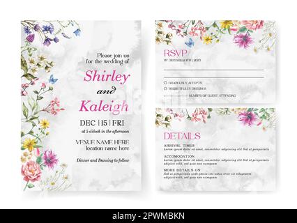 Hochzeitseinladungskarte mit Blumenmuster, Wildblumenvorlagen, rsvp-Karte, Detailkarte zum Drucken einer Vektorzeichnung. Stock Vektor