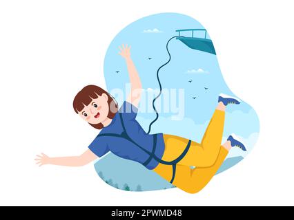 Bungee-Jumping-Illustration mit einer Person, die ein elastisches Seil trägt, das aus der Höhe springt, in einer flachen Cartoon Extreme Sports Vector-Vorlage Stockfoto