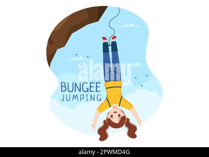 Bungee-Jumping-Illustration mit einer Person, die ein elastisches Seil trägt, das aus der Höhe springt, in einer flachen Cartoon Extreme Sports Vector-Vorlage Stockfoto