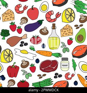 Ketogene Diät. Großes nahtloses Muster auf weißem Hintergrund. Vektordarstellung. Stock Vektor