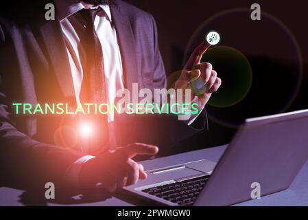 Textunterschrift zur Präsentation von Translation Services, Konzept bedeutet Organisation, die den Mitarbeitern die Übersetzung von Sprache ermöglicht Stockfoto