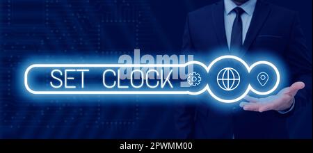 Textsymbol mit Anzeige von Uhr einstellen, Geschäftsübersicht Legen Sie die Uhrzeit auf die richtige Zeit oder ändern Sie die Uhrzeit auf einen späteren Zeitpunkt Stockfoto