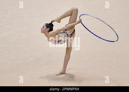 Turin, Italien, Italien. 30. April 2023. Italien, Turin 30/04/23 .Pala Gianni Asti aus Turin .Finale sechs der Nationalen Rhythmischen Turnmeisterschaft Serie A 2023.Chiara Puosi.motto Viareggio.Circle (Bild: © Tonello Abozzi/Pacific Press via ZUMA Press Wire) NUR REDAKTIONELLE VERWENDUNG! Nicht für den kommerziellen GEBRAUCH! Stockfoto