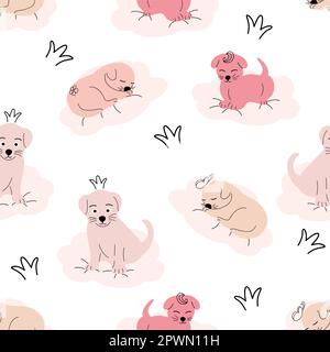 Süßes schlafendes Hündchen, Wolken, Sterne, Krone, Schmetterlinge nahtloses Muster. Sanfte Farben für Neugeborene Stock Vektor
