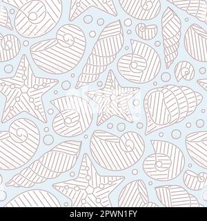 Linienvektor Nahtloses Muster der Linie mit Muscheln, Seesternen. Meereshintergrund für Textilien, Paket. Stock Vektor