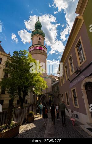 Feuerwachturm aus Elokapu mit SopronFest-Poster, Sopron, Ungarn Stockfoto