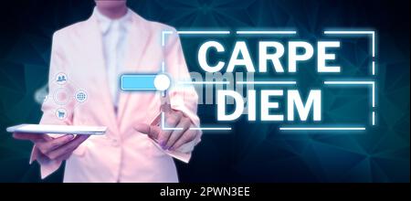 Konzeptausstellung Carpe Diem, Wort geschrieben über ein öffentliches Festival, auf dem Menschen Musik und Tanz spielen Stockfoto